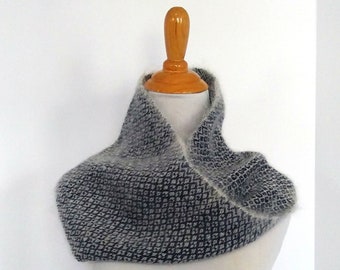 Handwoven inky blue and white twill moebius loop scarf, diamond design loomed cowl, lightweight warmth, OOAK gift idea