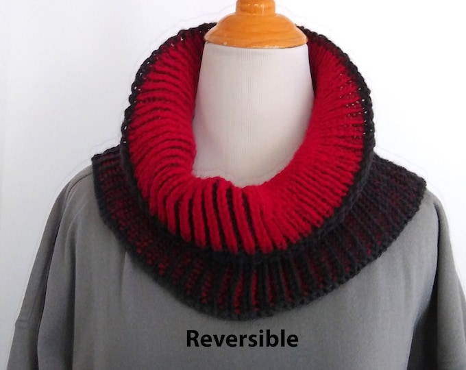 Reversible hand knit cowl, double knit striped infinity scarf in wool, one loop two looks, snug winter warmth, fast shipping, holiday gift