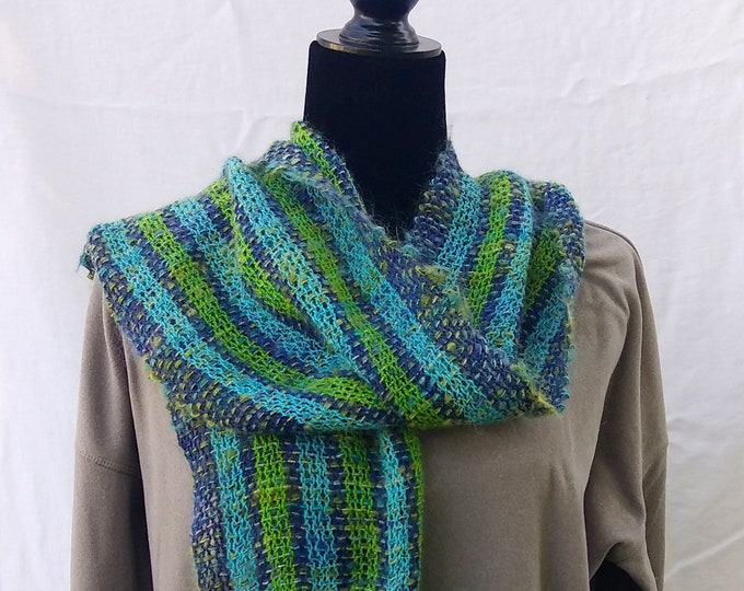 Navy blue lime green aqua silver scarf handwoven in a lightweight lacy mesh, gift for her, luxury mohair blend with sparkle, super soft