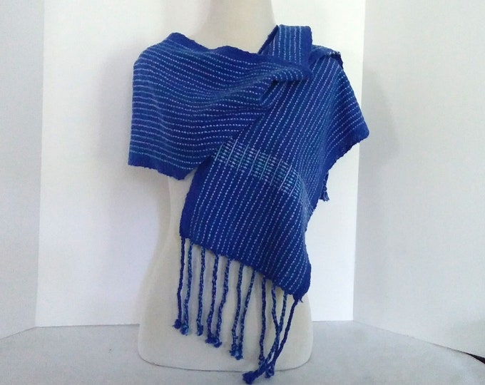 Hand-loomed scarf, designed with aqua and lilac dots on a royal blue background, artisan woven OOAK in slubby cotton, ready to ship