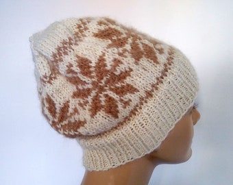 alpaca snowflake hat, hand knit all natural alpaca beanie with a nordic snowflake design and an optional pompom, tan flakes on white