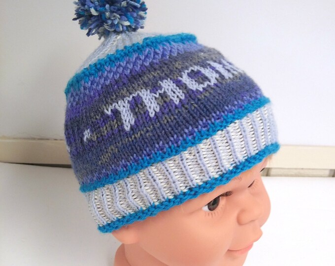 hand-knit baby boy hat with name, personalized boy pompom hat, custom knit baby hat,  baby shower gift under 50