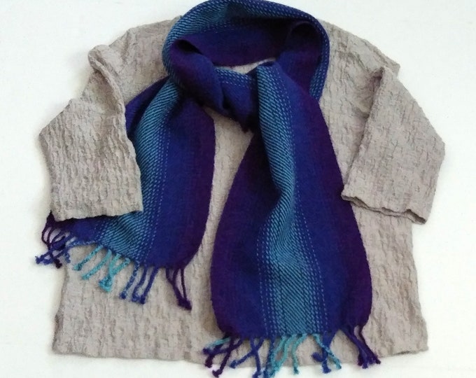 Handwoven scarf for man or woman, color shift stripes purple to aqua, coat accessory, lightweight warmth, wool and cotton, ready to ship