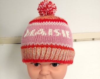 Knit baby girl hat with name, personalized baby girl hat, named baby girl hat, handknit girl hat with pompom, bespoke baby shower gift