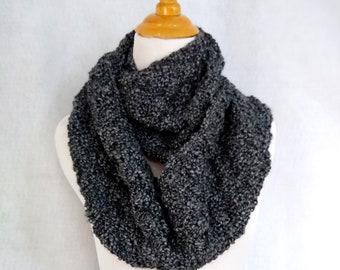 handknit loop scarf gray black, knit winter scarf wool blend, warm cowl infinity scarf,