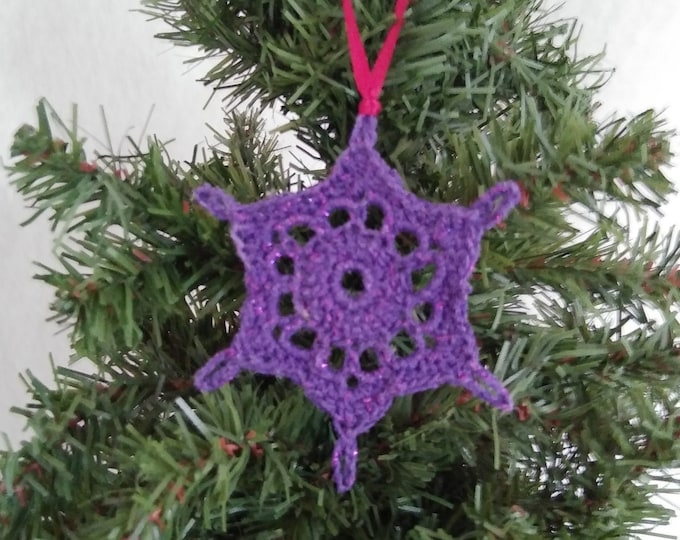 purple crochet lace snowflake ornament, crochet christmas decoration, winter wedding decor, sparkly snowflake