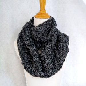 Handknit Wool Blend Infinity Scarf: Gray Black Cowl