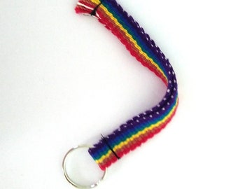 Woven keychain in rainbow stripes, inkle band