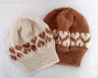 CUSTOM KNIT natural alpaca beanie with a double row of hearts, white on tan or tan on white hat, soft luxury winter warmth,artisan gift