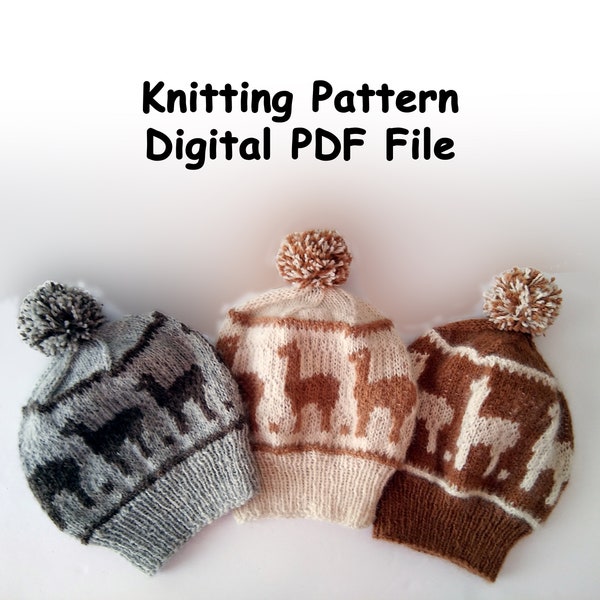 knit alpaca hat pattern, colorwork alpaca beanie knit pattern, DIY winter sports hat, pom pom hat pattern
