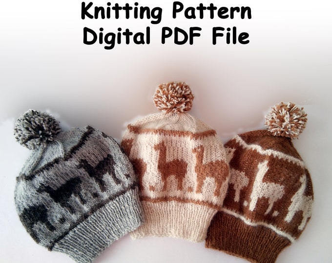 knit alpaca hat pattern, colorwork alpaca beanie knit pattern, DIY winter sports hat, pom pom hat pattern