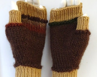 hand-knit 2-tone brown fingerless mittens