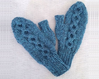 Wool glittens hand knit in a winter weight blue and black marled yarn, flip-top mittens in a honeycomb cable design, average size adult