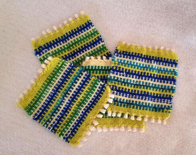 Handwoven coasters in blue yellow green white wool, lightly felted mugrugs, colorful patches, home decor gift idea, bright spring stripes