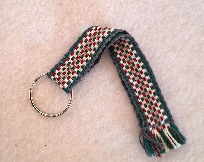 gray green red woven keyfob ID holder