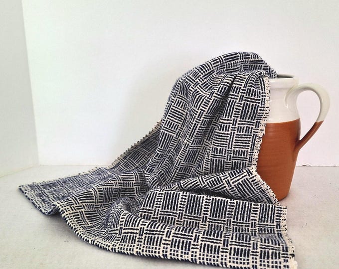 Handwoven Cotton Hand Towel: Log cabin design, Inky blue and cream colors,