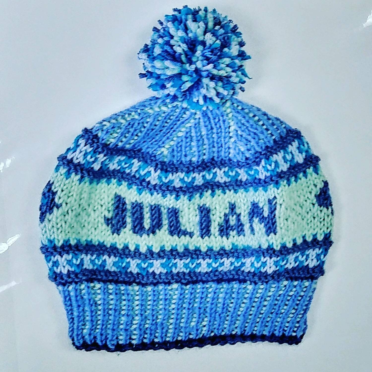 handknit baby boy hat with name, personalized boy pompom hat, custom