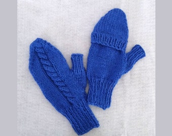 Royal blue finger flap mittens handknit from an alpaca and cotton blend for outdoor winter warmth and comfort.  OOAK fast shipping