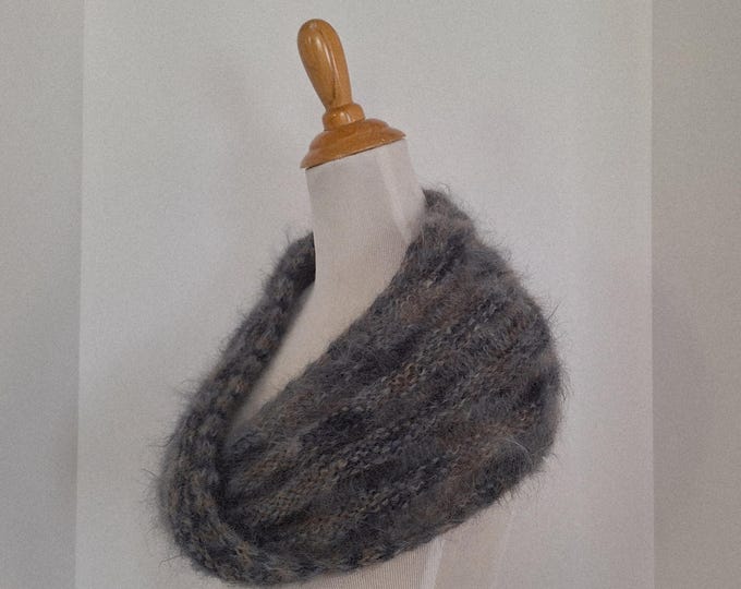 Blue and gray mohair loop scarf, handknit mobius snuggly neck warmer cowl, soft fluffy winter accessory, thoughtful gift for woman