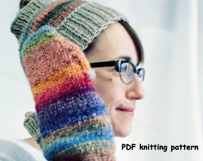 knit ponytail hat and finger-flap mitten pattern, PDF knitting pattern for winter mittens and headband, DIY glittens