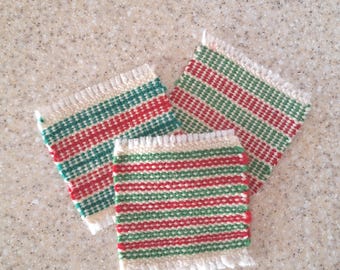Handwoven Wool Coasters: Christmas themed colors