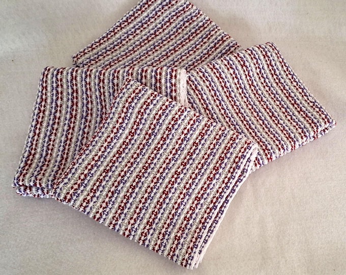 Handwoven absorbent cotton towel, 16.5 x 22 inches, white red lilac diamond stripes, powder room kitchen dish, rustic country cottage style