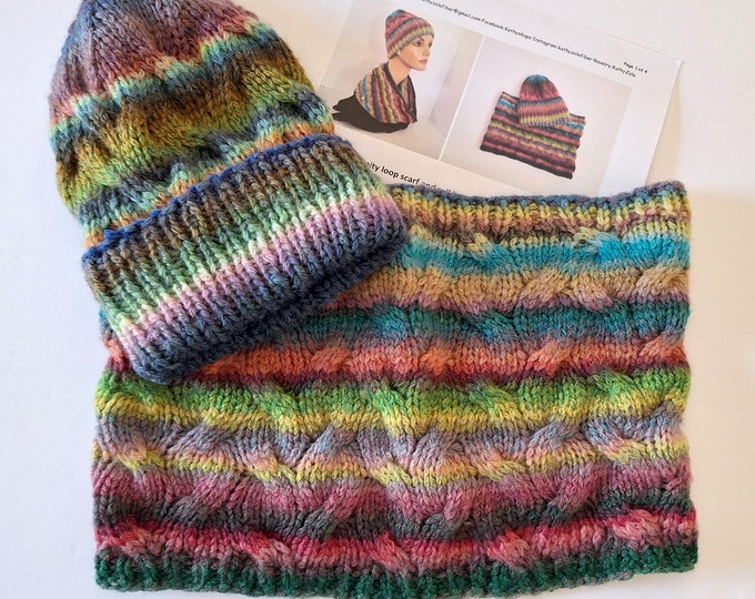 Cabled cowl and beanie hat knitting pattern, digital download pdf, beanie with fold-over brim 3 sizes, loop scarf neckwarmer, bulky weight