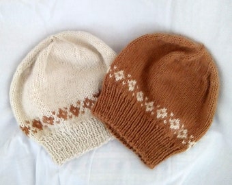 Hand-knit all natural alpaca beanie with a diamond border design,