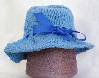 blue knit bucket hat, soft knit sunhat child, hand-knit hat baby, hand-knit cotton bucket hat with ribbon trim for baby