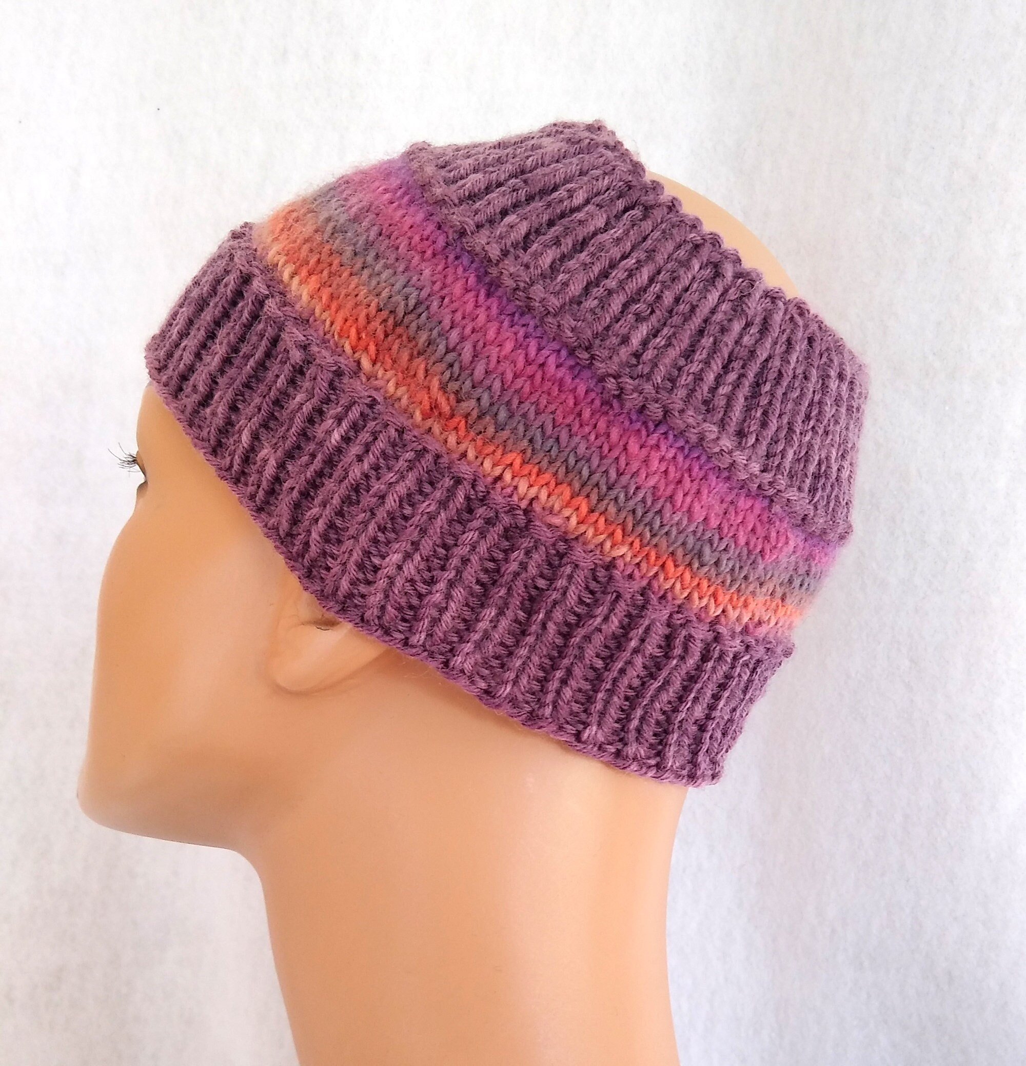 Violet Rainbow Earwarmer Messy Bun Beanie Knit Long Hair Cap