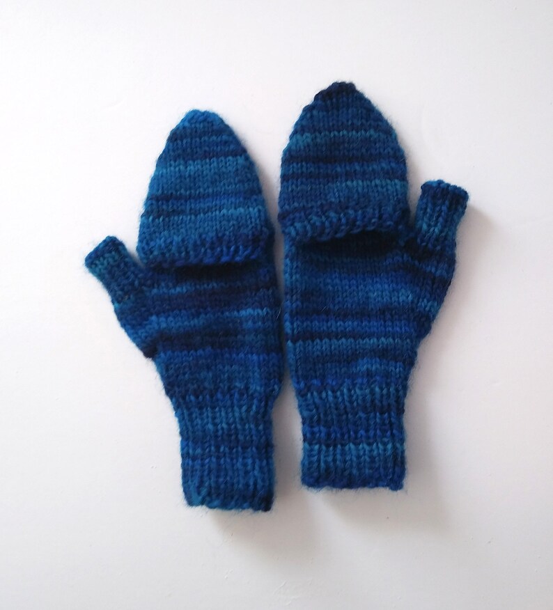 Blue glittens handknit fliptop mittens for outdoor warmth