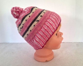 pink pompom hat for baby/toddler, handknit striped rib with pretty color-change pattern, free fast shipping to US,, easy care auntie gift
