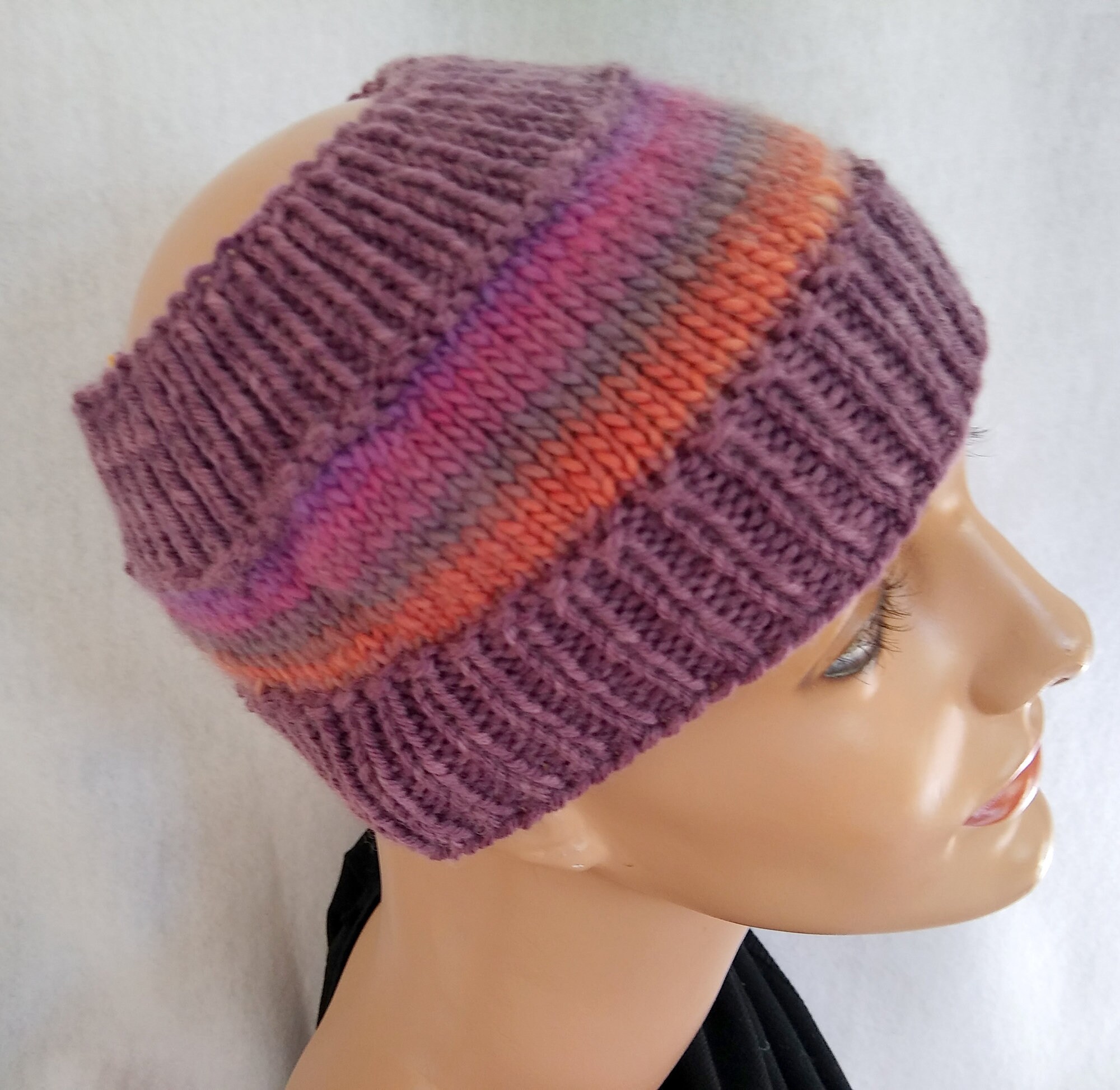 Violet Rainbow Earwarmer Messy Bun Beanie Knit Long Hair Cap