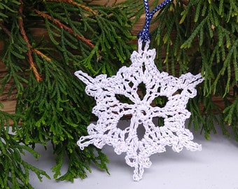 white and silver lace crochet snowflake ornament, victorian design christmas tree decoration, nature inspired handmade winter wedding decor