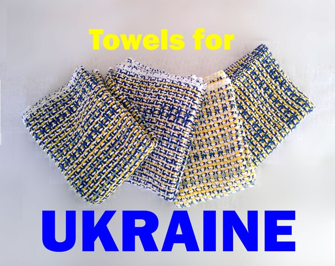 Ukraine flag color cotton towels hand-woven, donating to refugee relief, blue yellow loomed kitchen cloth, thick absorbent ready to ship