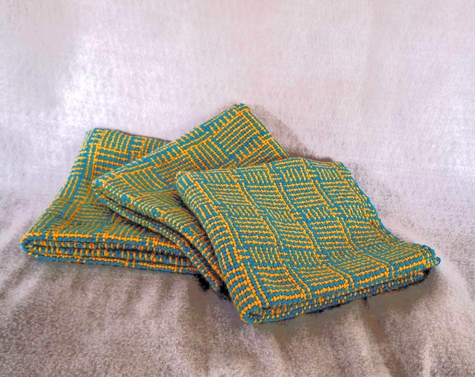 Hand-woven absorbent cotton hand towel, 16 x 22 inches, yellow blue log cabin design, kitchen or powder room, cottagecore, gift for mom