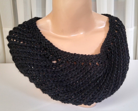 Black Lace Loop Scarf Handknit Infinity Circle Scarf | Etsy