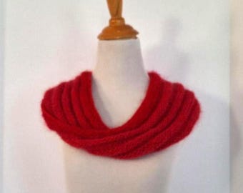 Red moebius loop scarf, handknit from merino and mohair blend yarn, snuggly neck warmer cowl, cheerful winter accessory, gift for woman