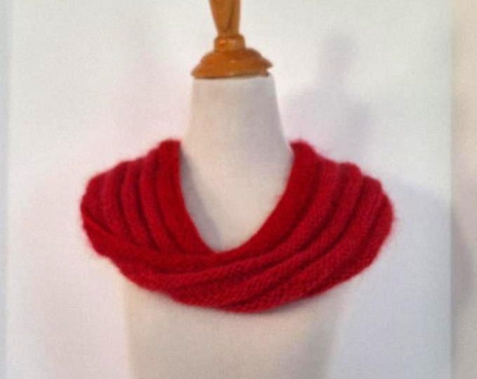 Red moebius loop scarf, handknit from merino and mohair blend yarn, snuggly neck warmer cowl, cheerful winter accessory, gift for woman