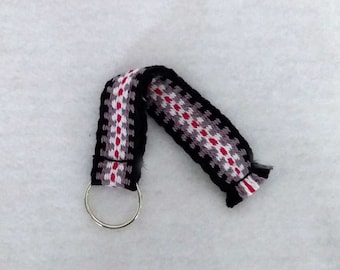black white gray red cotton strap with attached ring, handwoven wrist lanyard, keyfob, badge holder, luggage strap, phone tote, father's day