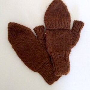 Custom-knit alpaca flip-top mittens, handknit glittens made-to-order from New England raised alpaca, all natural, lightweight, soft and warm Brown