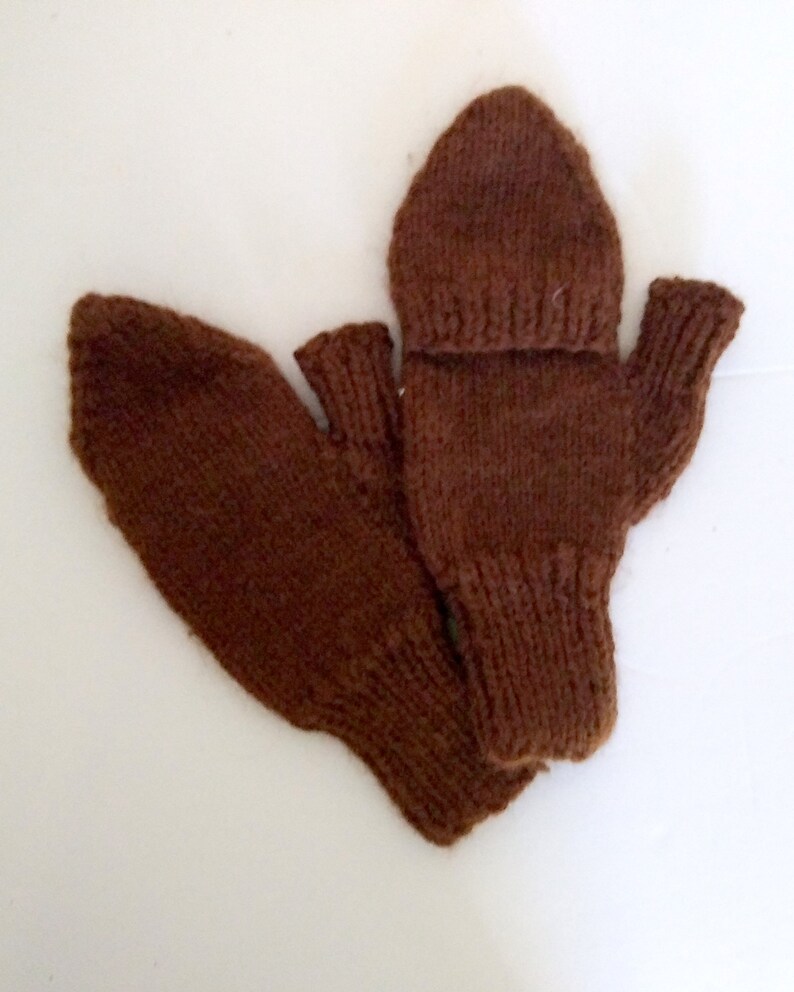 Custom-knit alpaca flip-top mittens, handknit glittens made-to-order from New England raised alpaca, all natural, lightweight, soft and warm Brown