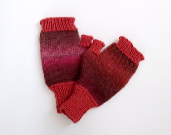 handknit fingerless mittens in 2 tone self-striping brown wool-blend yarn. One of a kind item, in stock, ready to ship