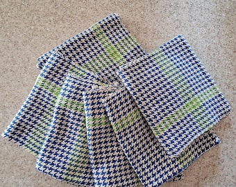 Handwoven Cotton Kitchen Towel: Blue Cream Checks with Lime Stripe
