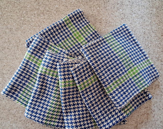 Handwoven Cotton Kitchen Towel: Blue Cream Checks with Lime Stripe