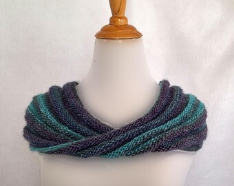 Moebius loop scarf, aqua blue purple variegated stripes, handknit from soft merino blend yarn, snuggly neck warmer cowl, gift for woman