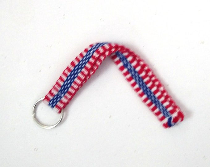 Red white and blue cotton wrist lanyard for keys