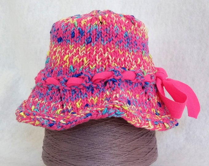 pink baby bucket sun hat with ribbon, hand knit hat baby girl, cute knit sunhat pink cotton, baby shower gift