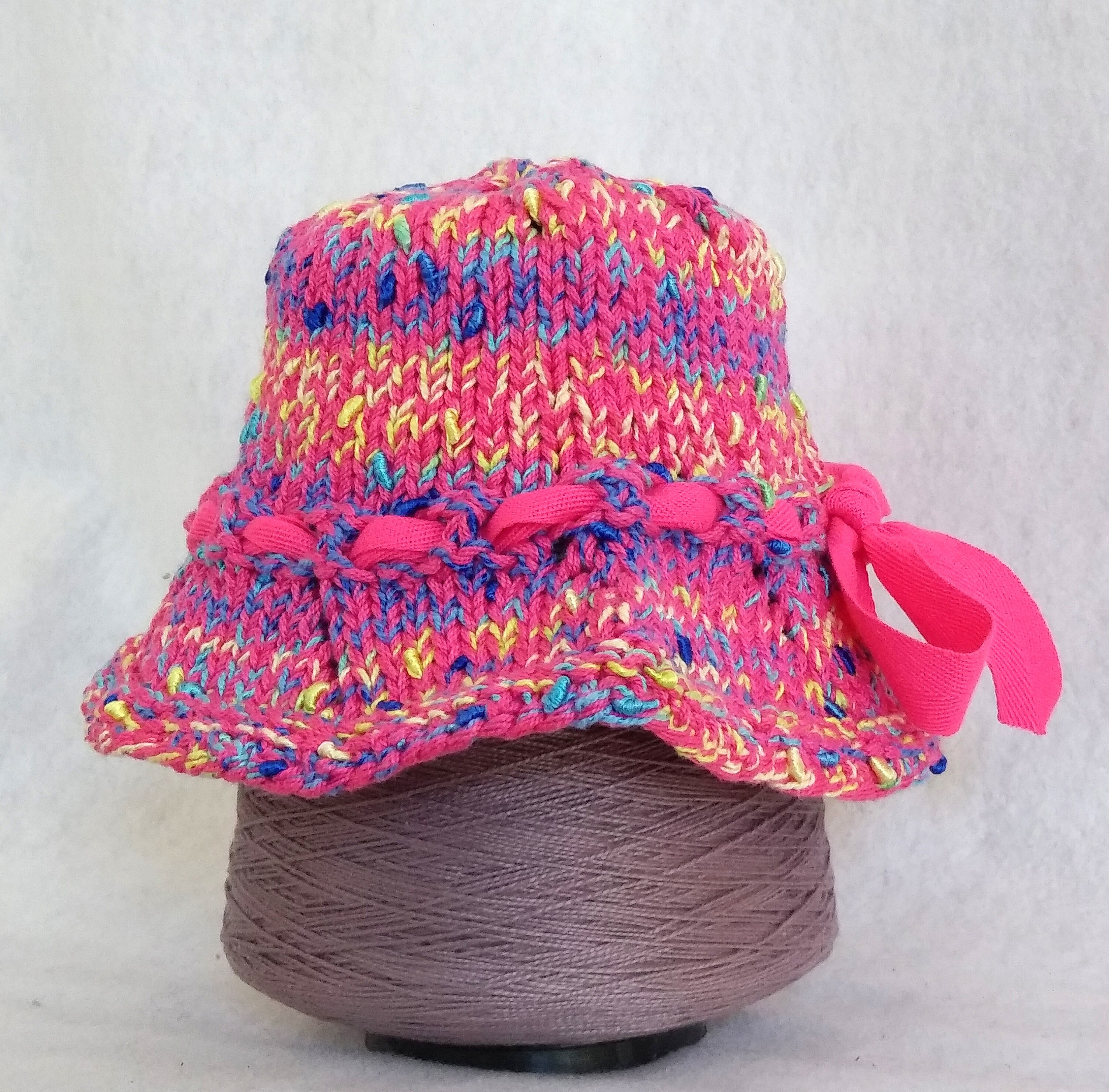 pink baby bucket sun hat with ribbon, hand knit hat baby ...