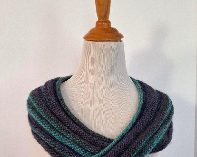 Moebius loop scarf, aqua blue purple variegated stripes, handknit from soft merino blend yarn, snuggly neck warmer cowl, gift for woman